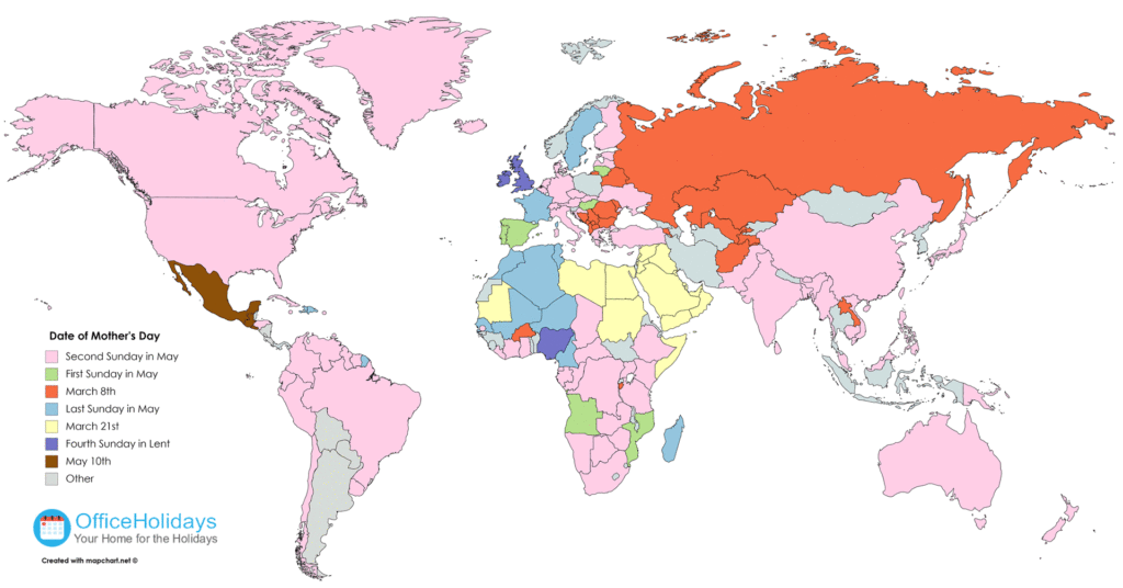 Map showing the different days on which Mother's Day is celebrated around the world.