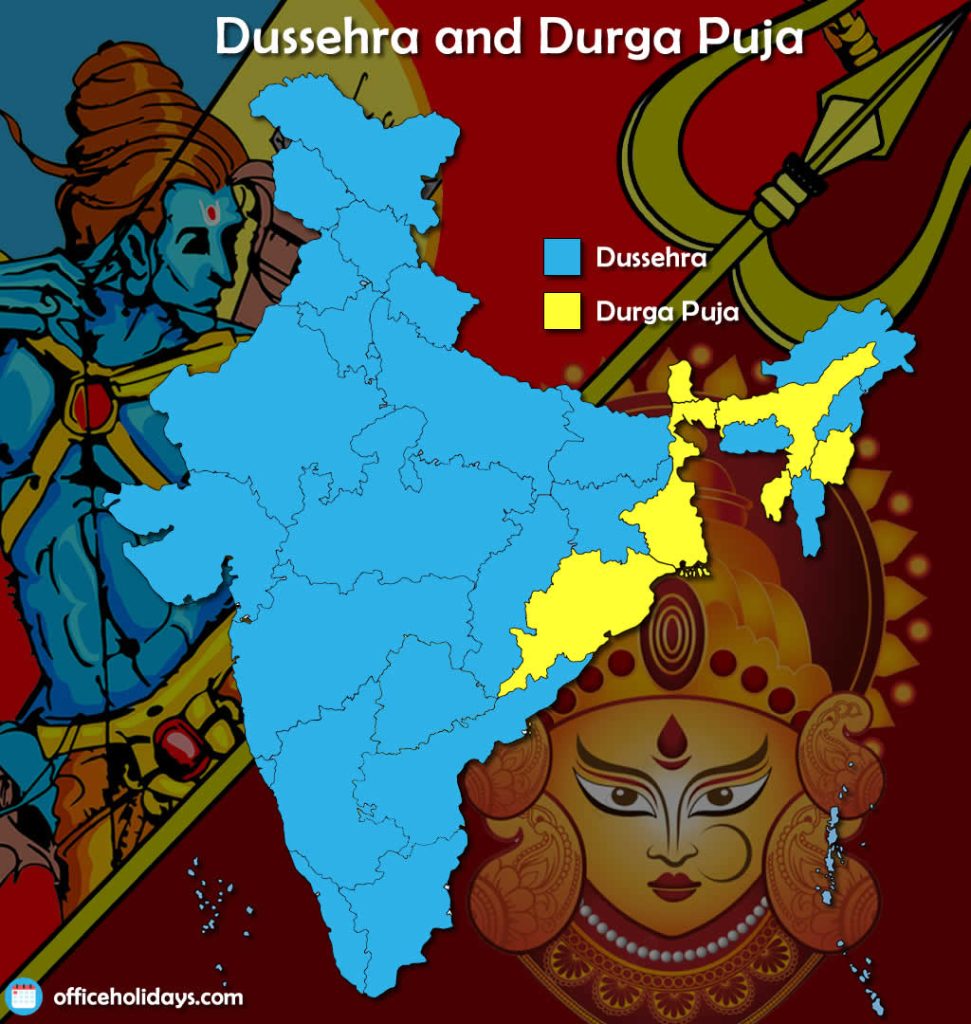 A map of where Dussehra and Durga Puja are observed in India.